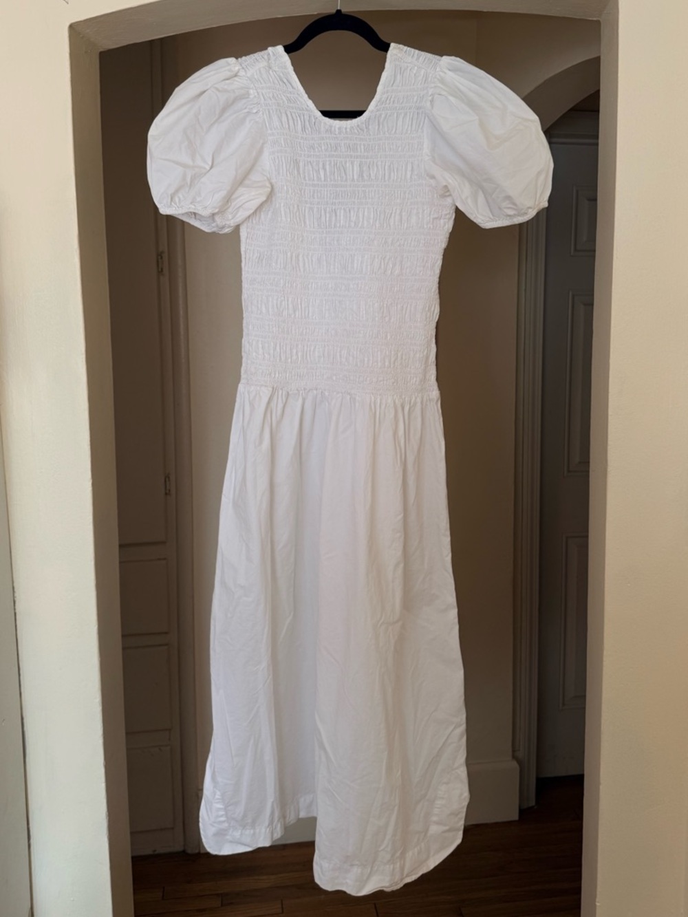 Ganni White Smocked Puff-Sleeve Dress